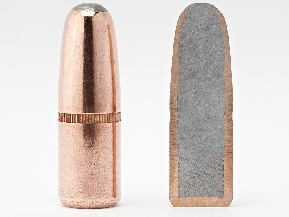 The Hornady InterLock round nose cup-and-core bullet shown in profile and in cross section.