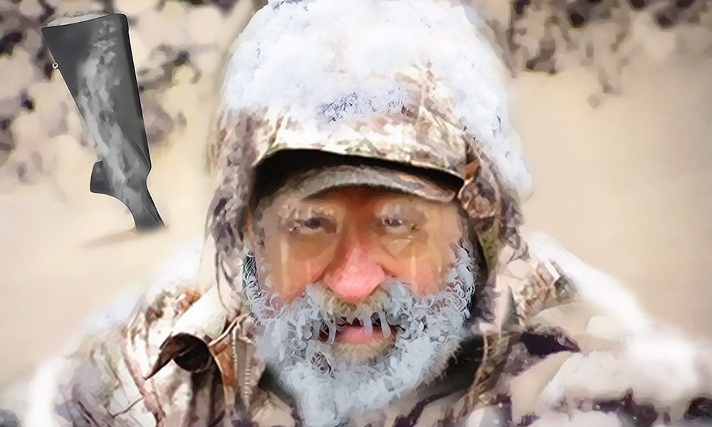 Illustration of man looking downcast in deep snow with ice formed on beard.