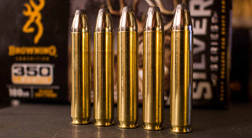Browning 350 Legend Silver Series ammunition lined up on concrete surface.