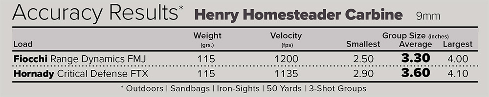 Henry Homesteader 9mm Carbine accuracy results chart with Fiocchi and Hornady 9mm ammunition.