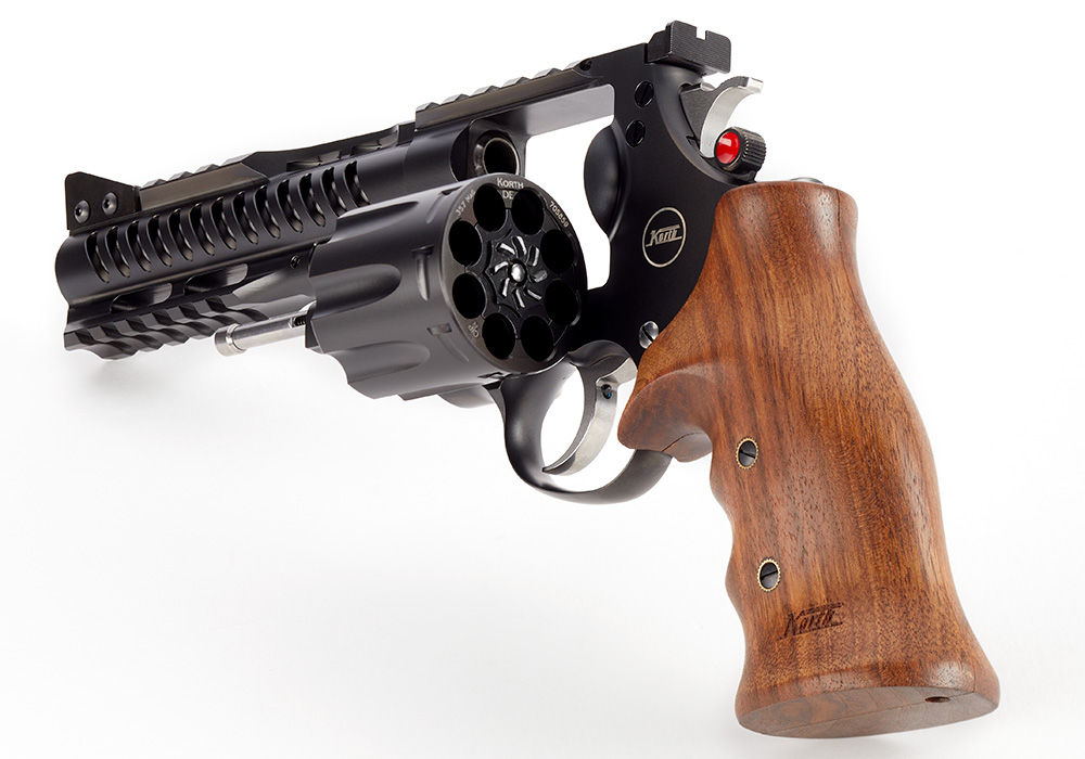 Nighthawk Custom Korth NXS 8 Shot .357 Magnum revolver with cylinder open from rear.