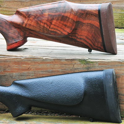 Two Rifle Stocks Side by Side with Various Cheek Pieces
