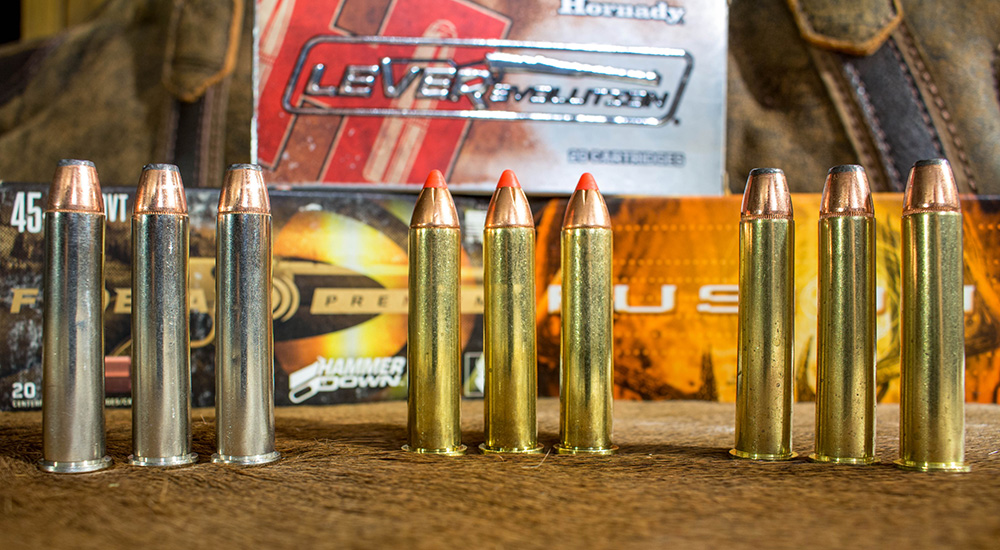 Federal Premium .45-70 Government ammunition lined up on table.