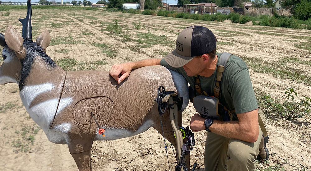 Bowhunter checking arrow placement on pronghorn decoy.