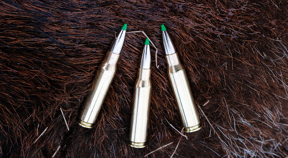 Three cartridges of Norma EcoStrike .308 Winchester ammunition on wild boar hide.