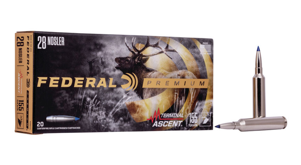Federal Premium Terminal Ascent 28 Nosler 155-grain ammunition box, left, with two rounds of ammunition, right, on white background.