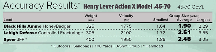 Henry Lever Action Model X .45-70 Accuracy Results Chart