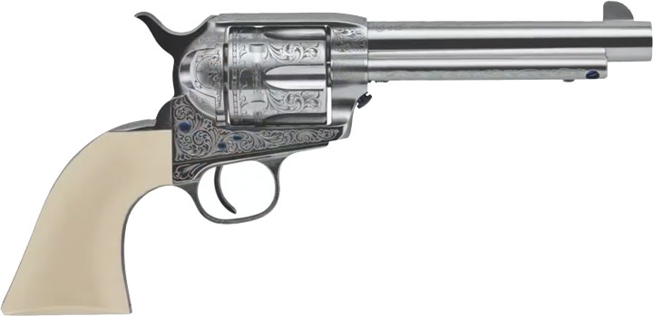 1873 Engraved Single Action Cattleman revolver on white