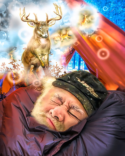 Illustration of man dreaming about large whitetail buck.