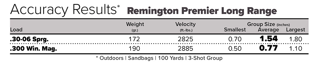 Remington Premier Long Range accuracy results chart using two factory loads.