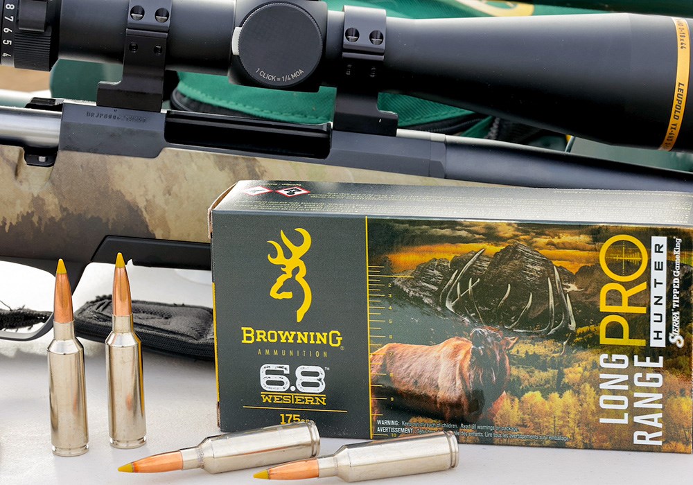 Browning X-Bolt rifle behind 6.8 Western Long Range Pro ammunition box.