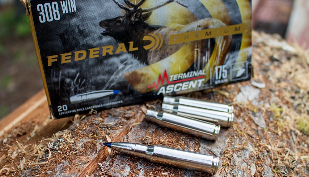 Federal Premium .308 Winchester Terminal Ascent ammunition laying on dirt.