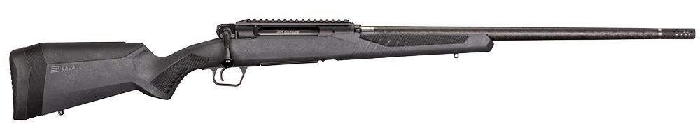 Savage Impulse Mountain Hunter straight pull rifle full length facing left on white background.