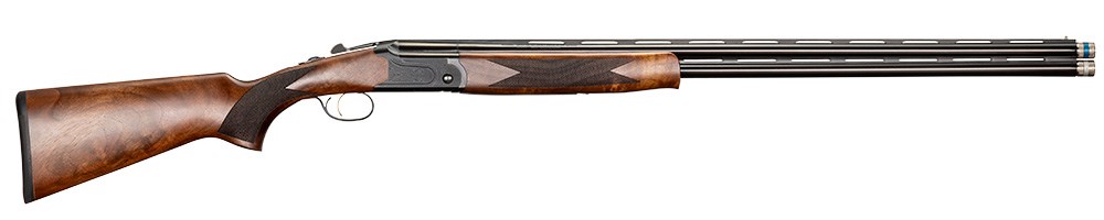 Mossberg International Gold Reserve Black Label over under shotgun full length facing right.