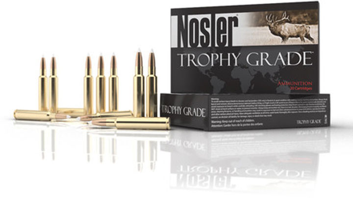 Black box of Nosler ammunition next to cartridges