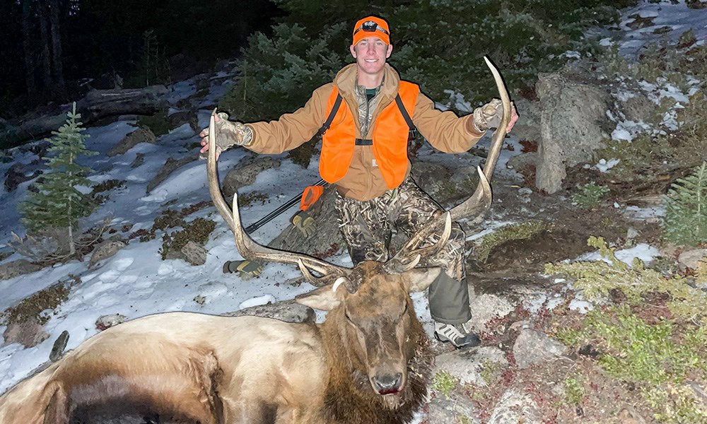 Male hunter with bull elk in Colorado