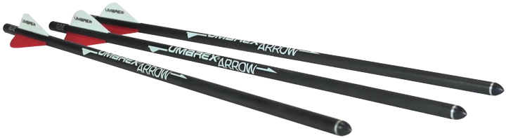 Umarex Arrows, two red vanes, one white, white background