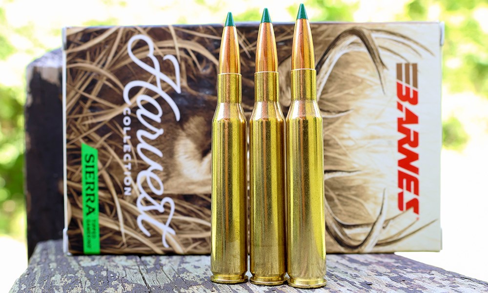 Barnes Harvest Collection ammunition box with three ammunition rounds.