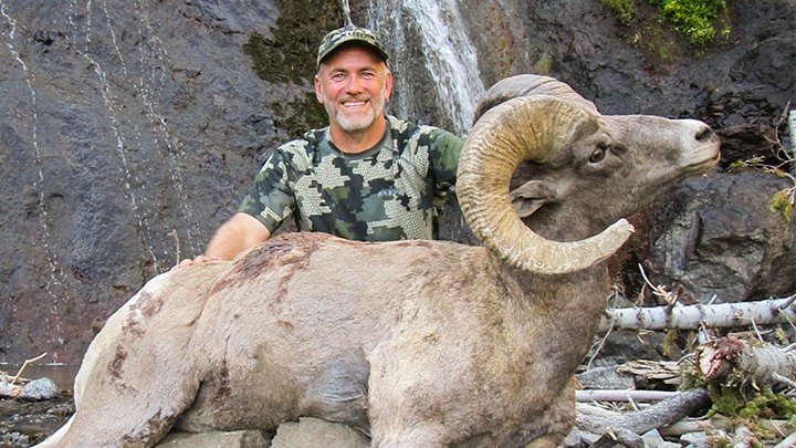 Hunter with bighorn sheep in Wyoming