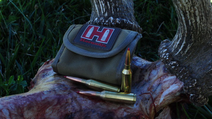Two cartridges lay beside a Hornady bag, atop a recently cleaned deer skull.