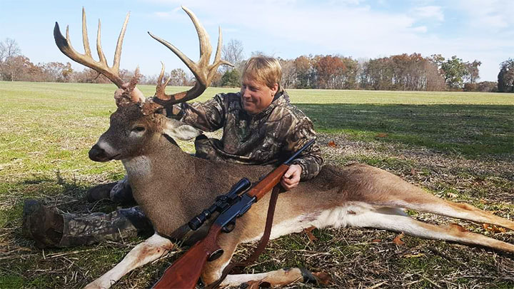Hunter with Whitetail Buck Taken in Bullitt County, Kentucky.