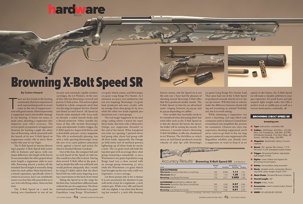 American Hunter article reviewing Browning X-Bolt Speed SR bolt action rifle.