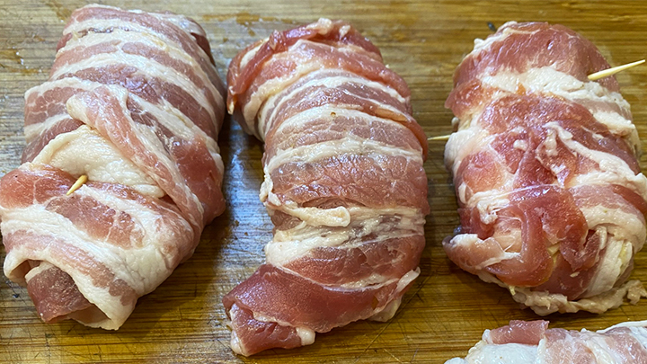 Pesto and Swiss Cheese Ruffed Grouse Rolls Wrapped in Bacon