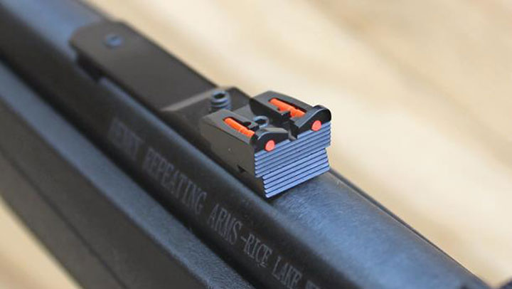 Closeup of red fiber-optic rear bracket sight