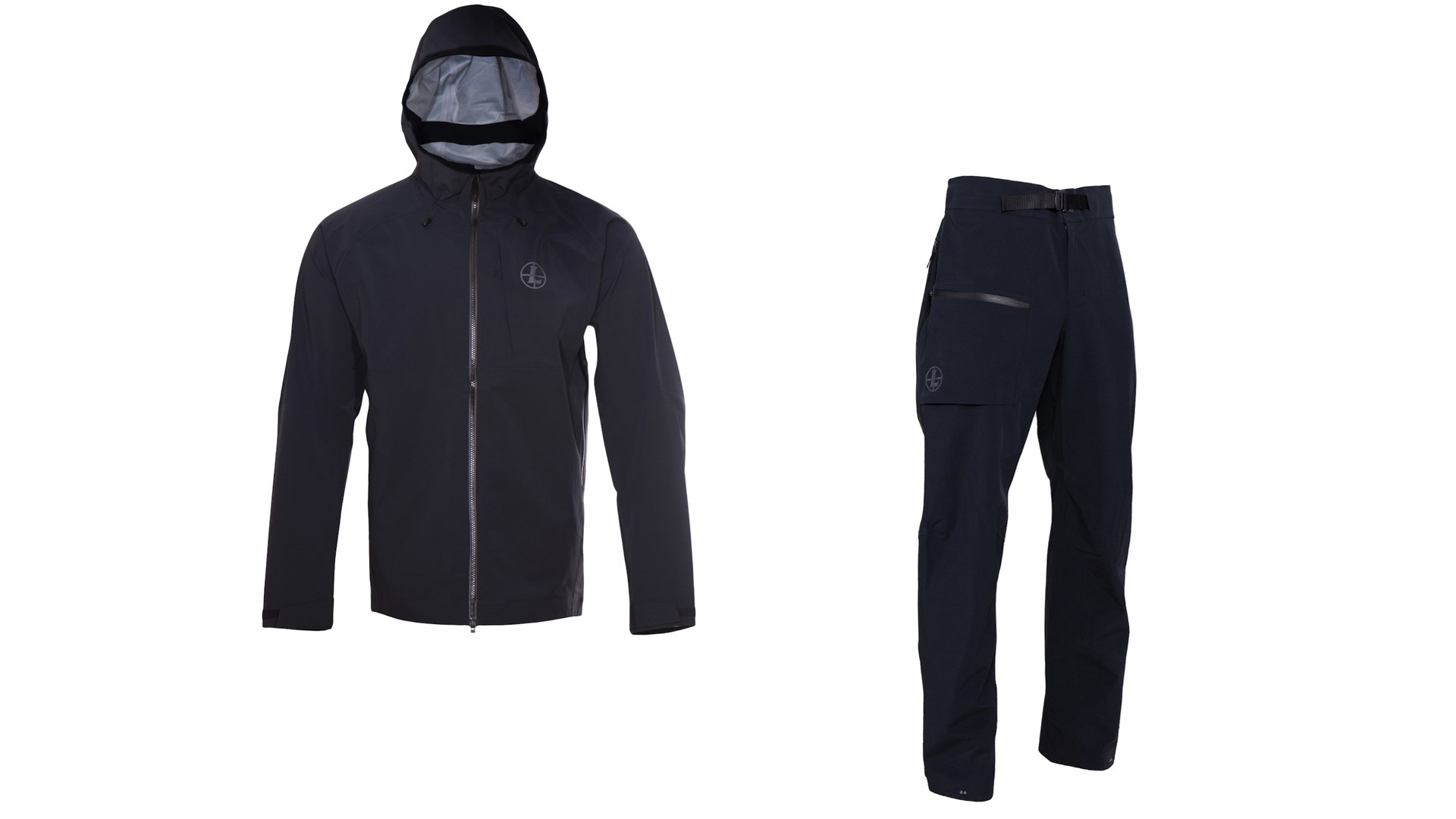 Leupold Storm Warden black rain gear system jacket pants on white background
