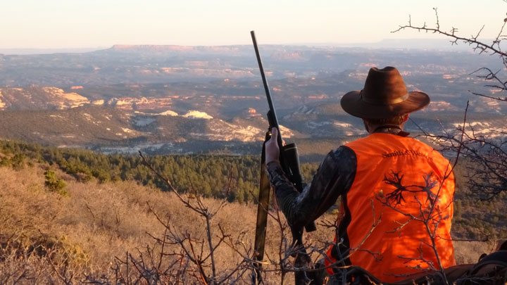 Hunter in blaze orange surveys a valley below