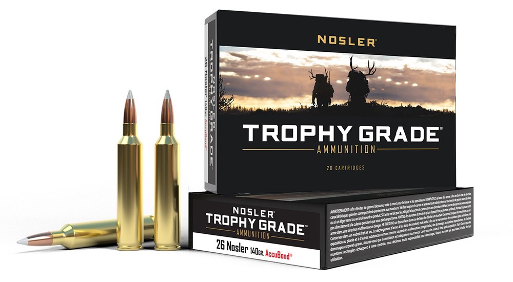 Nosler Trophy Grade 140-grain 26 Nosler ammunition standing next to cartridge box.