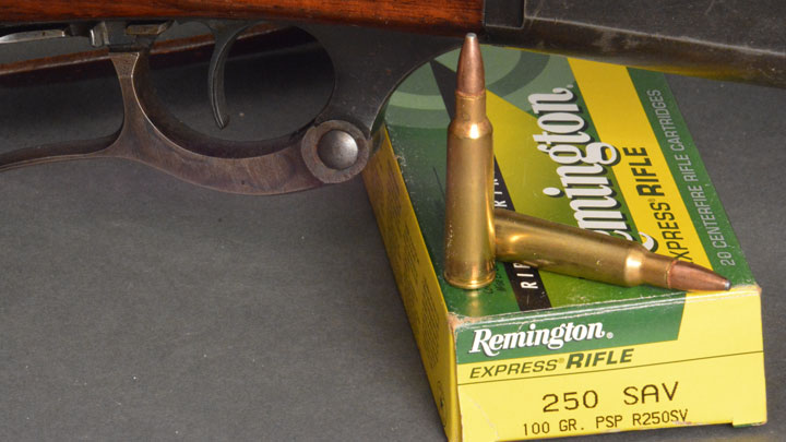 .250-3000 Savage in a green and yellow Remington box