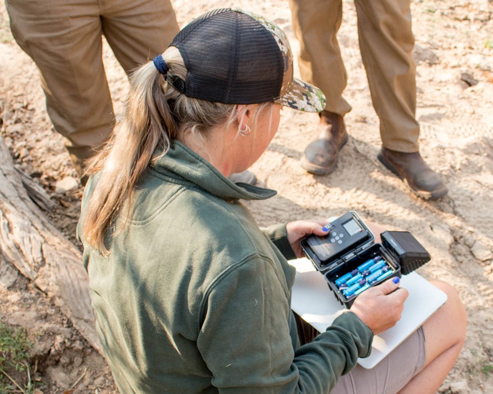 Female professional hunter installing batteries in trail camera.