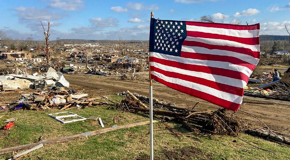 American Flag Standing Among Kentucky Tornado Disaster