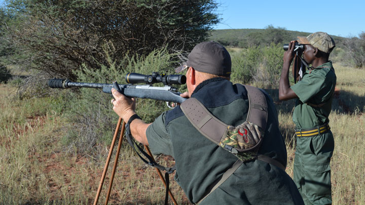 Hunter shooting off sticks with a PH spotting.