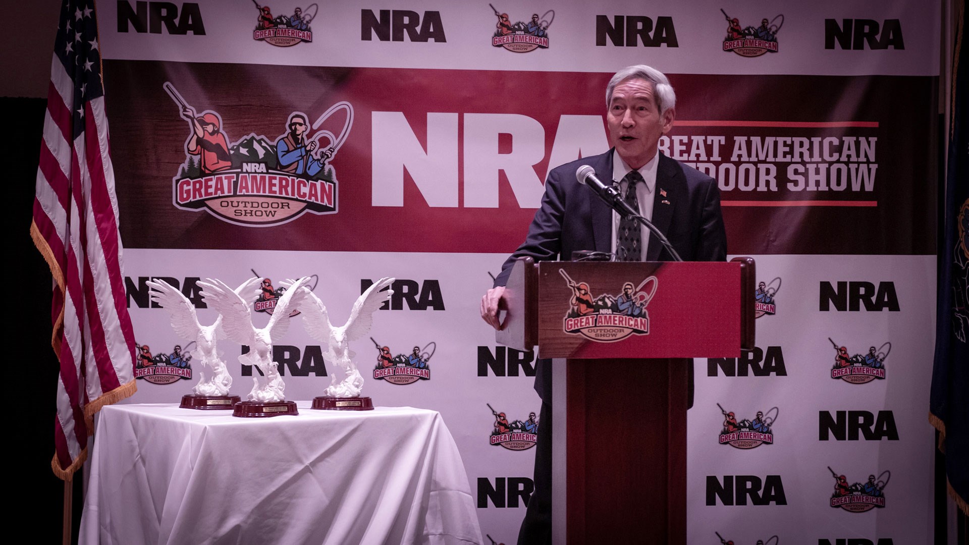 NRA First Vice President Willes Lee speaking to the crowd at the 2022 NRA Great American Outdoor Show opening ceremony.