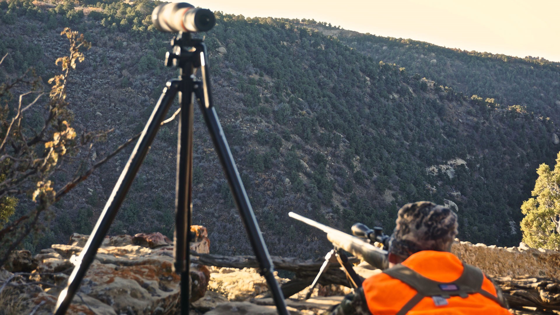Shooter lying prone by spotting scope