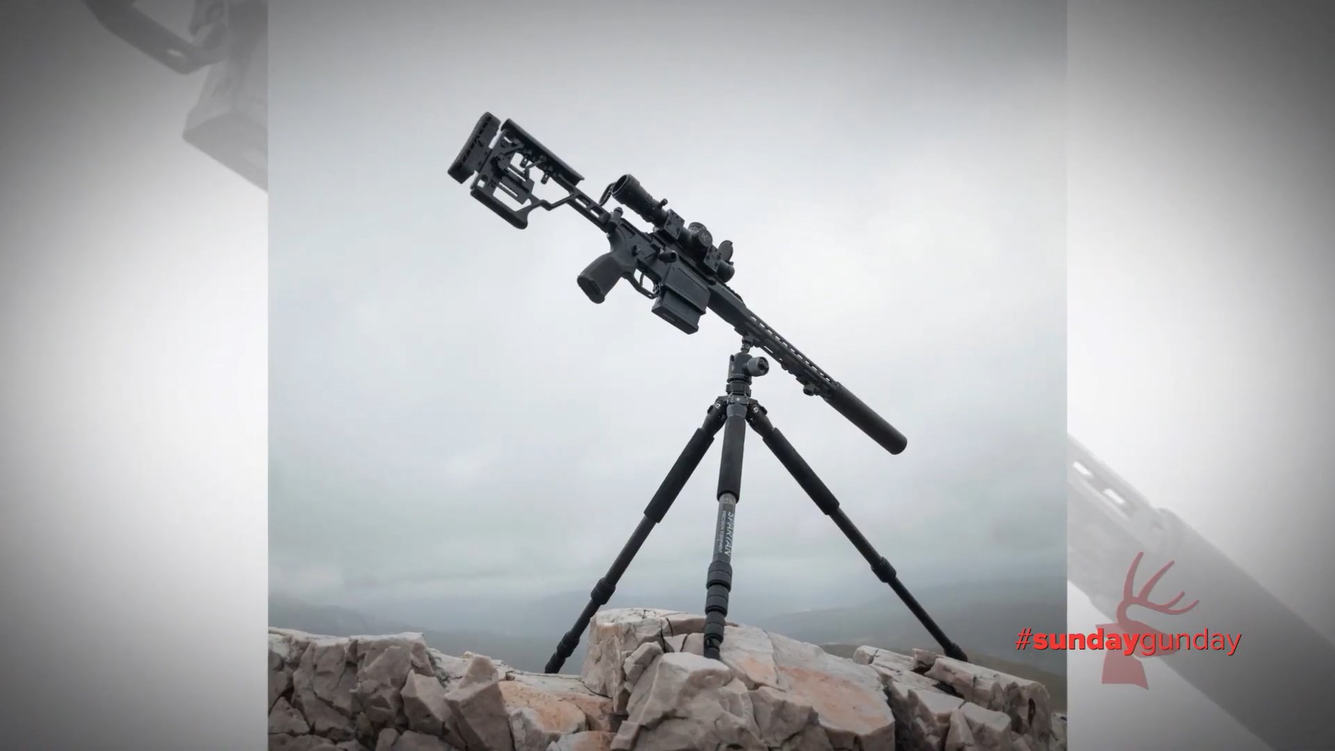 Spartan Precision Ascent Tripod with Davos head perched on rock overlook with bolt-action rifle attached angled downward #SUNDAYGUNDAY logo graphic bottom right deer overlay