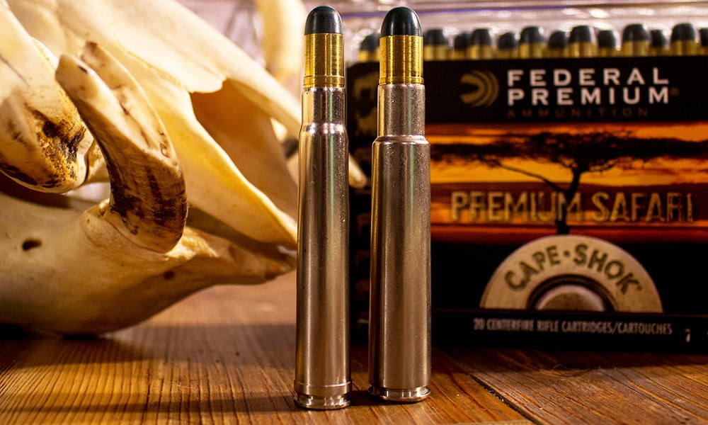 The .375 H&H Magnum and .416 Rigby rifle cartridges side by side.