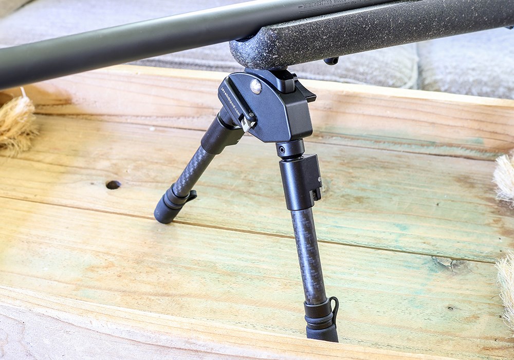 Spartan Precision Javelin Pro Hunt bipod installed on foreend of bolt action rifle.