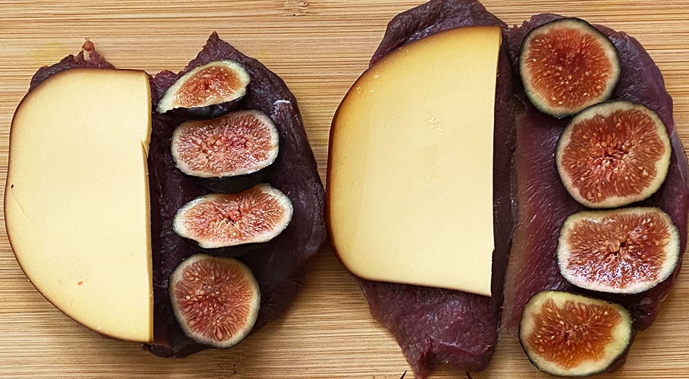 Fresh Figs and Smoked Gouda Cheese on Butterflied Duck Breast