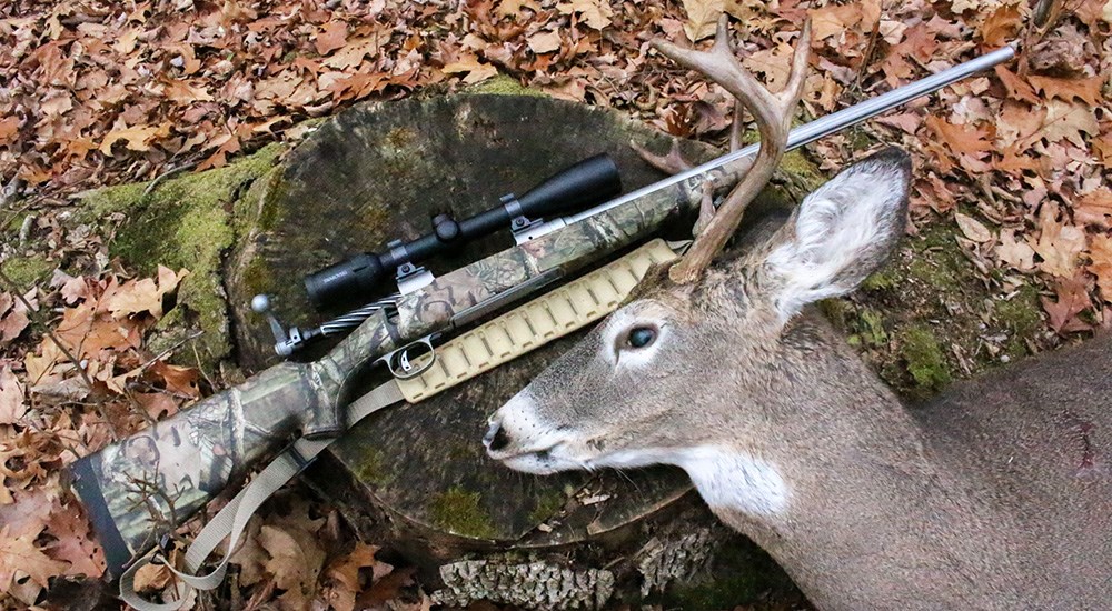 Swarovski Z5 Riflescope atop bolt-action rifle next to whitetail buck hunted in New York