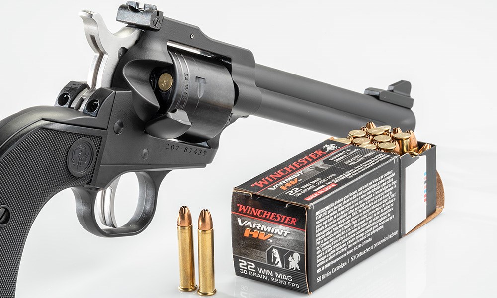 Ruger Super Wrangler rear view with .22 Winchester Magnum ammunition.