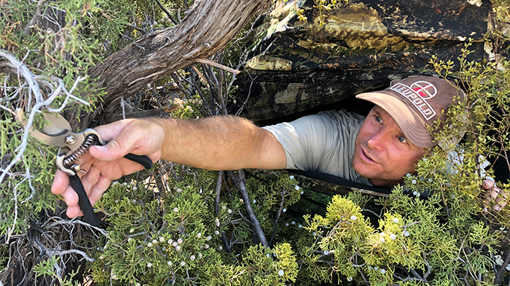 Hunter meticulously trimming twigs or obstructions from each window of the ground blind until it’s perfectly clear.