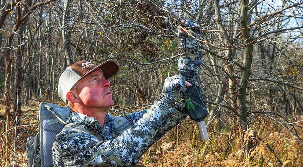 Hunter hanging mock scrape on tree branch.