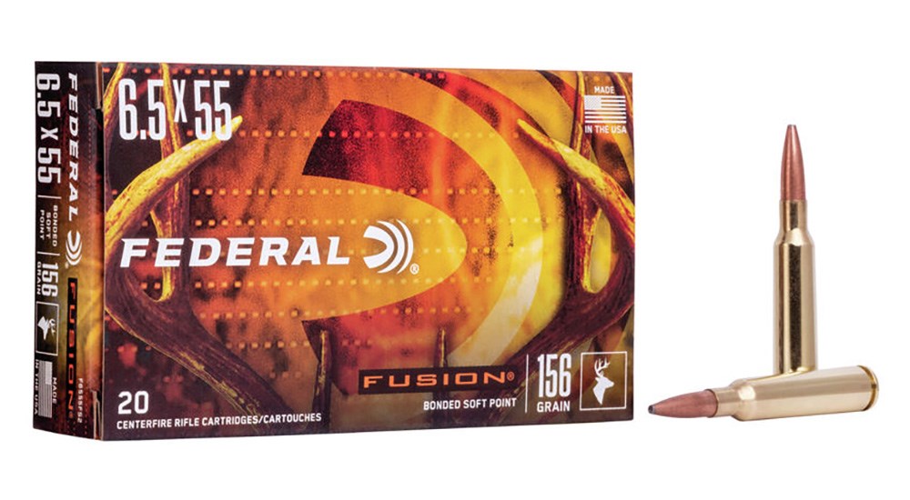 Federal Fusion 6.5x55 Swedish rifle cartridge box with two rounds of ammunition on white background.