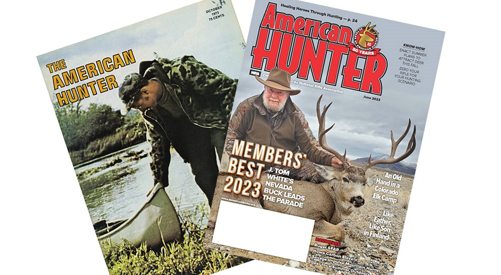 American Hunter magazine covers from October 1973, left, and June 2023, right.