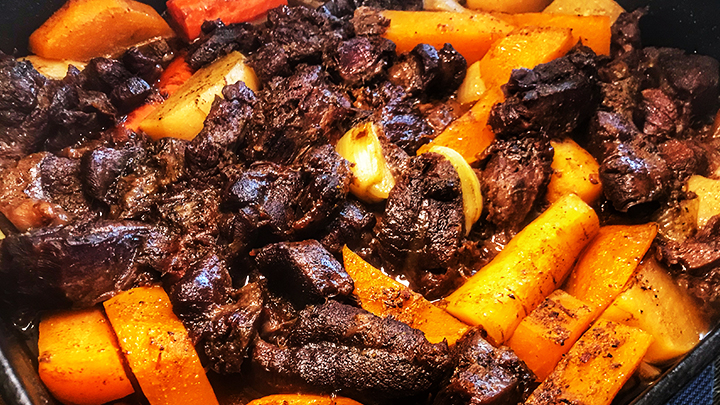 Braised Elk Shank with Root Vegetables in Pan