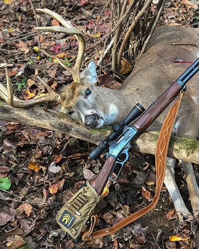 Whitetail deer next to Marlin .45-70 Rifle