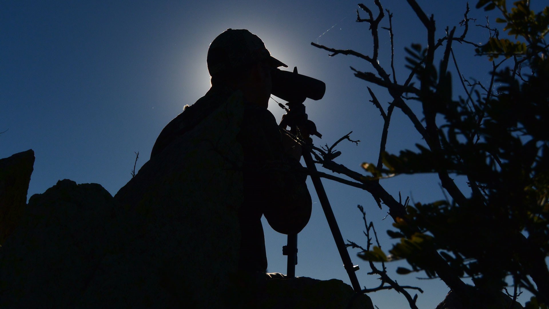 Hunter spotting silhouetted by sun